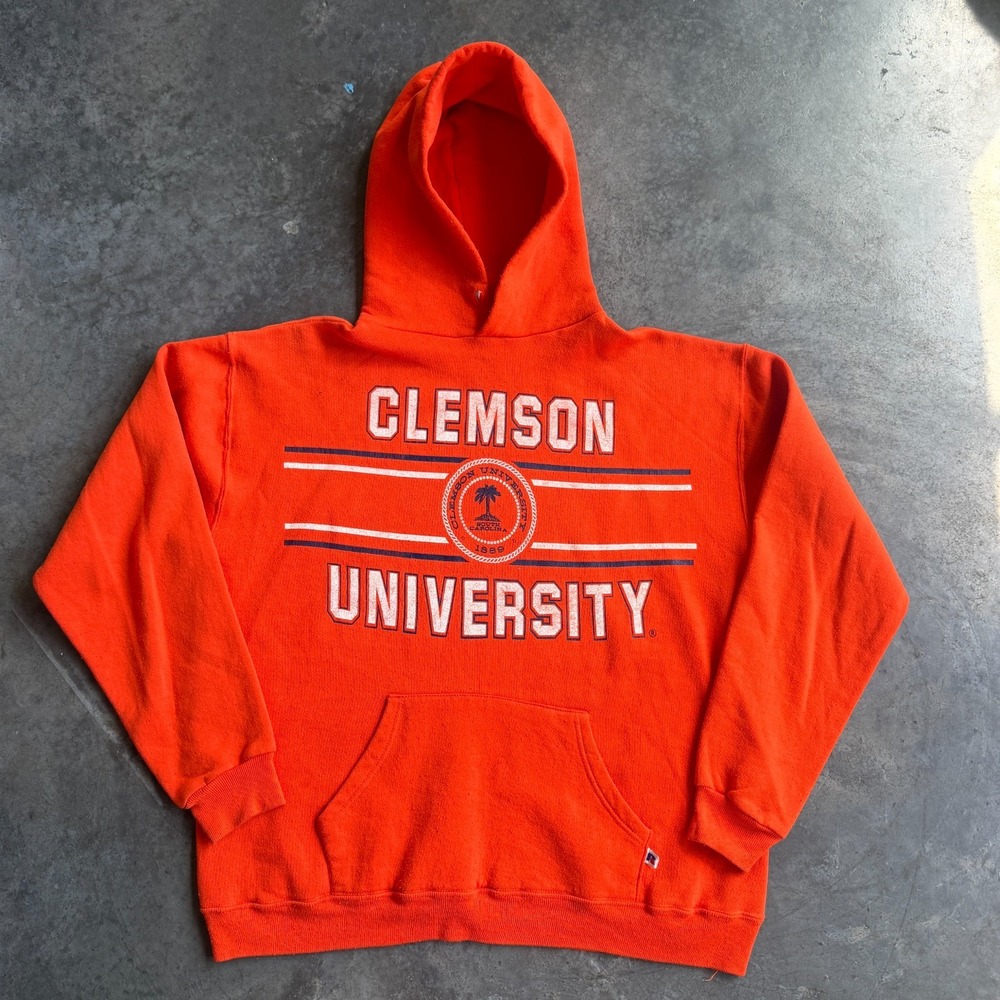 Vintage 80s Russell Athletic Clemson University Hoodie Orange USA Made Mens XL